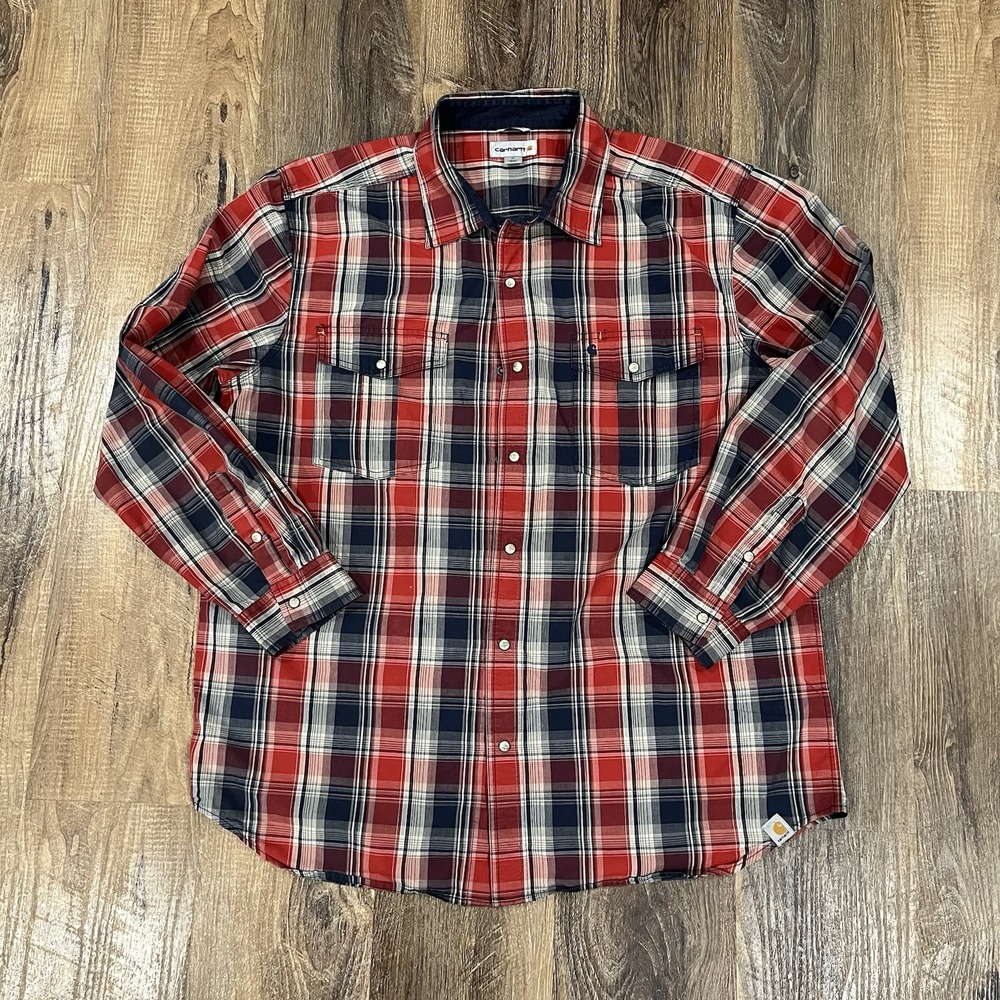 Carhartt Sz XL Plaid Blue Red Pearl Snap Western Workwear Relaxed Fit